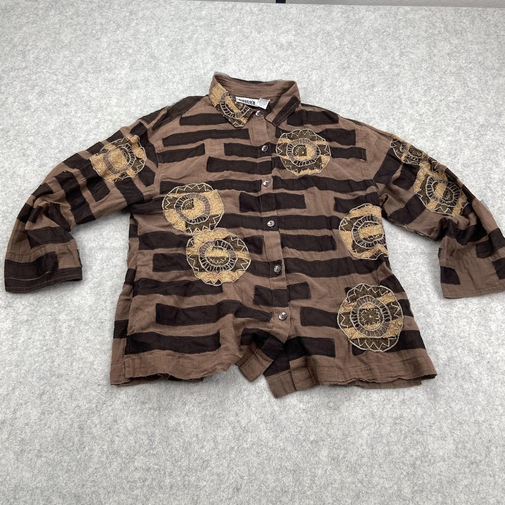 Chico's Design Blouse Womens 1 Brown Stripe Embroidered Button 3/4 Sleeve Top